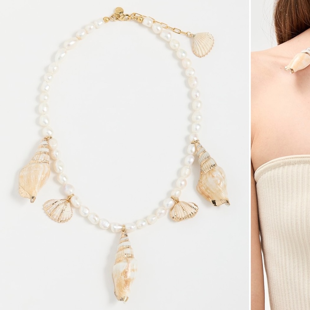 Gold-Accent Pearl Necklace with Cream Shell Charms - Picture 3 of 3